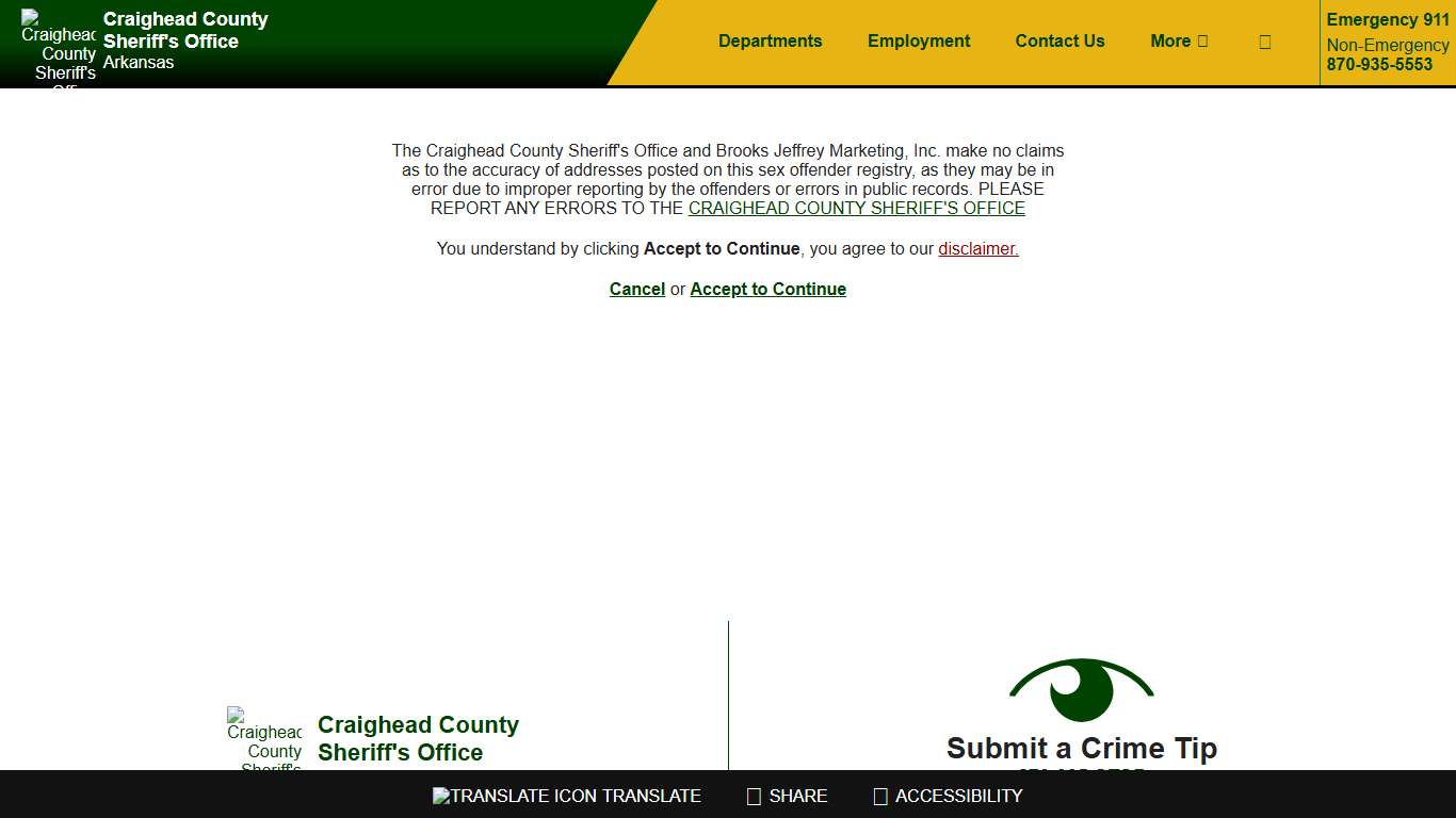 Sex Offenders Disclaimer - Craighead County Arkansas Sheriff's Office | Jonesboro - Lake City