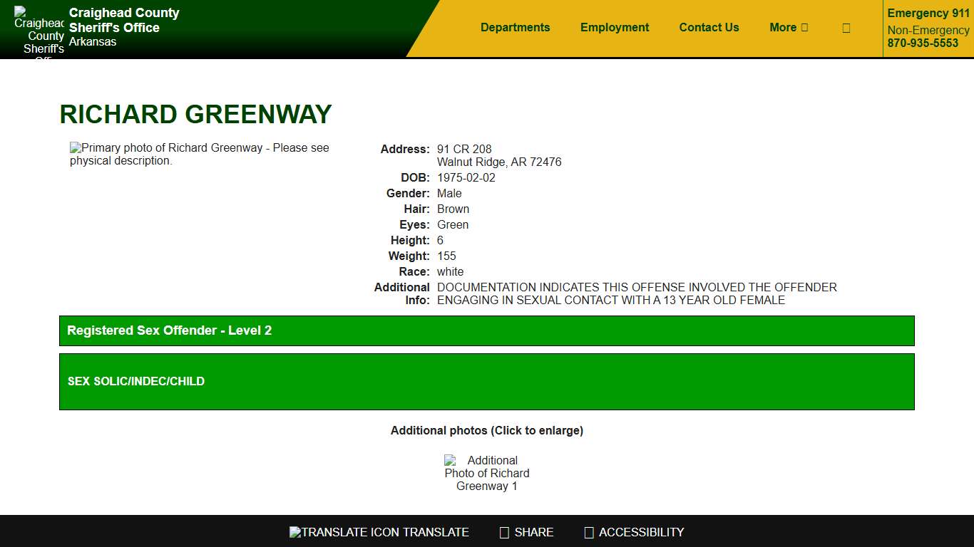 View Offender - Richard Greenway - Craighead County Arkansas Sheriff's Office | Jonesboro - Lake City